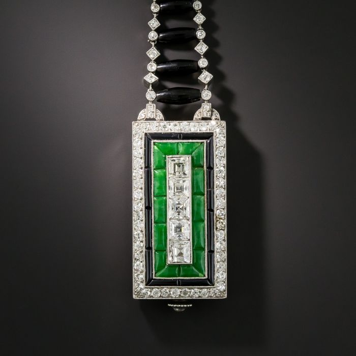 Art Deco Diamond, Jade, and Black Onyx Lapel Watch