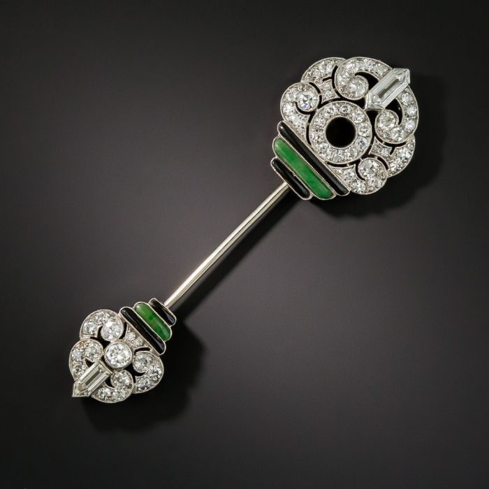 Art Deco Diamond, Onyx and Jade Jabot Pin