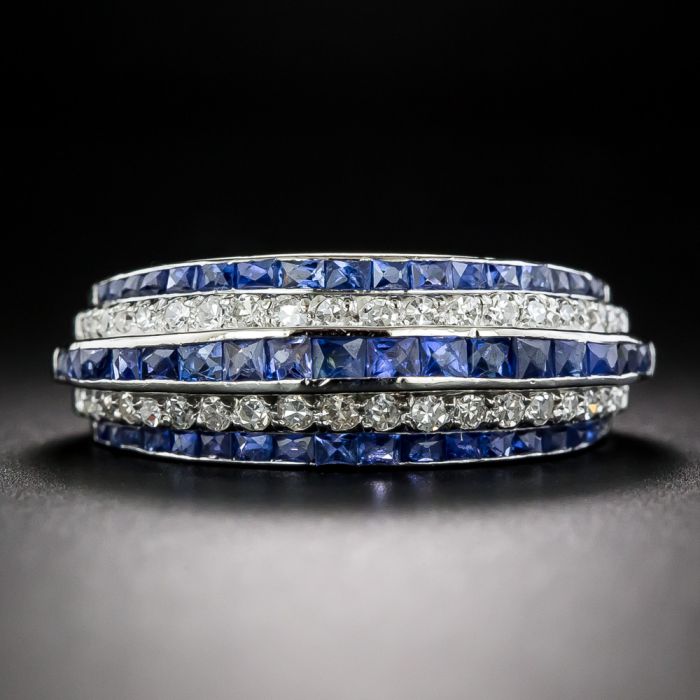 Diamond and Blue Sapphire Two Row Ring