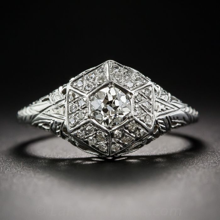 Hexagon art clearance deco engagement ring