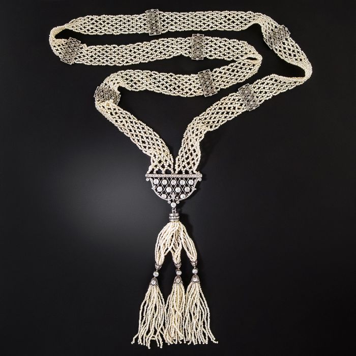 Art Deco Long Woven Natural Pearl and Diamond Sautoir