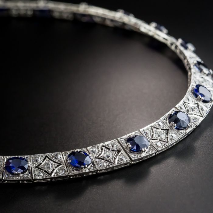 Art Deco Sapphire Diamond Platinum Necklace GIA Cert No Heat 15