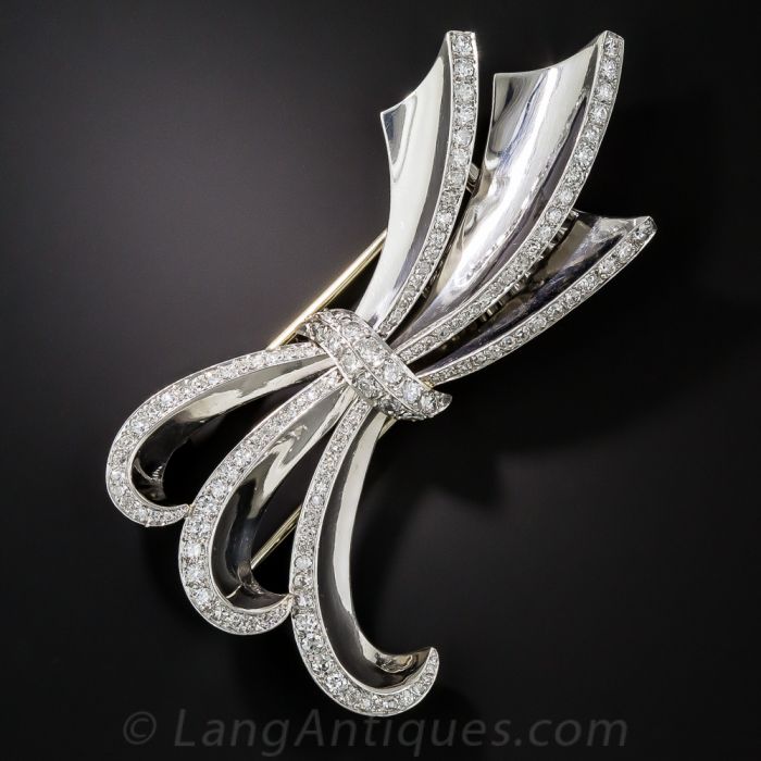 Art Deco Platinum Sapphire Diamond Bow Brooch