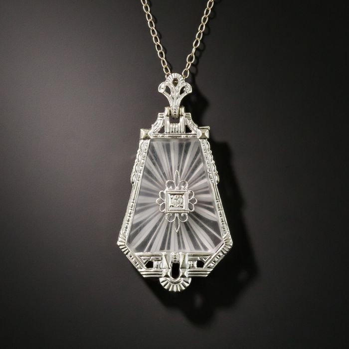 Sale - Rock Crystal Quartz Necklace - Art Deco 14K White Gold Diamond Pendant - Vintage Circa 1930s Era Statement Filigree Fine 30S Jewelry No Chain