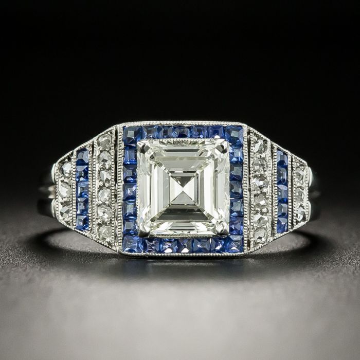 Art Deco Style 1.02 Carat Diamond and Calibre Sapphire Ring - GIA L VS2