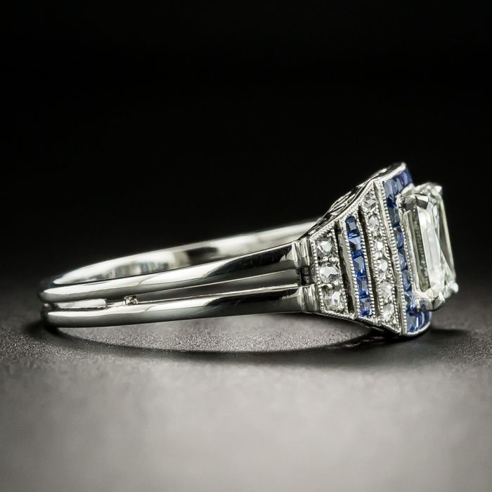 Art Deco Style 1.02 Carat Diamond and Calibre Sapphire Ring - GIA