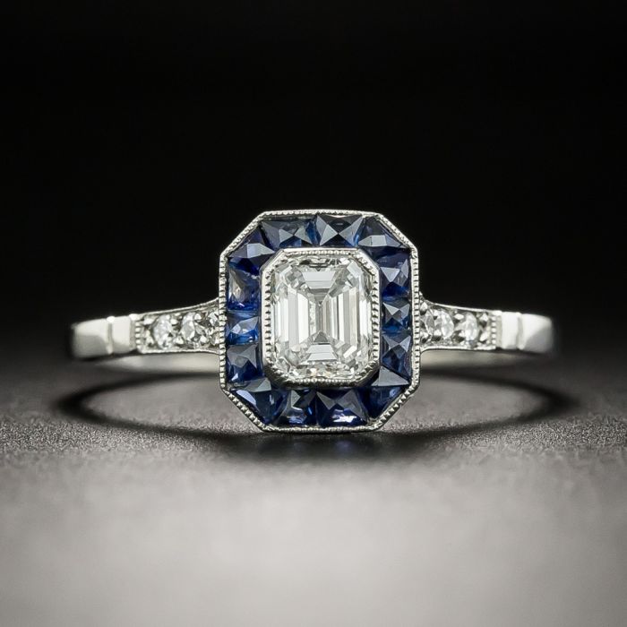 Art Deco Style .48 Carat Emerald-Cut Diamond And Sapphire Halo Ring