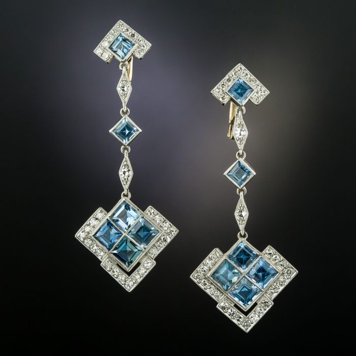 37.00 CTW Vintage Aquamarine and Diamond Drop Earrings in 18ct White G –  Katherine James Jewellery