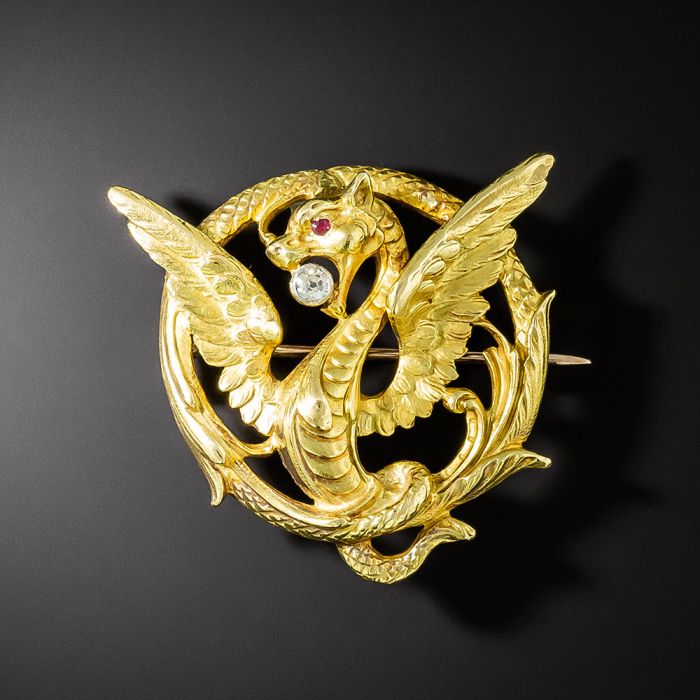 Georgian Serpent Brooch in 18K Yellow Gold with Blackened Diamonds