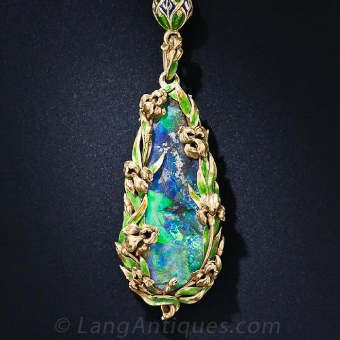 Art Nouveau Opal and Enamel Pendant Necklace