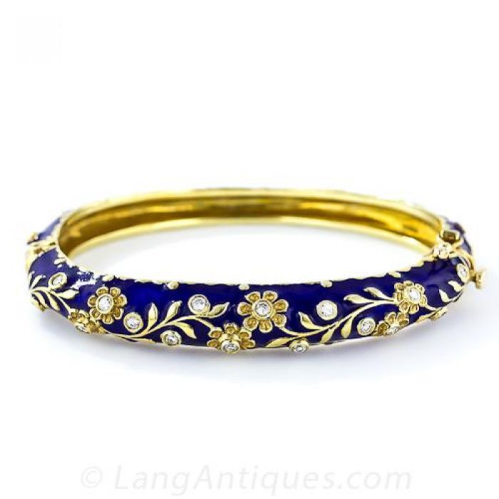 Blue Enamel Bangle Bracelet with Diamonds