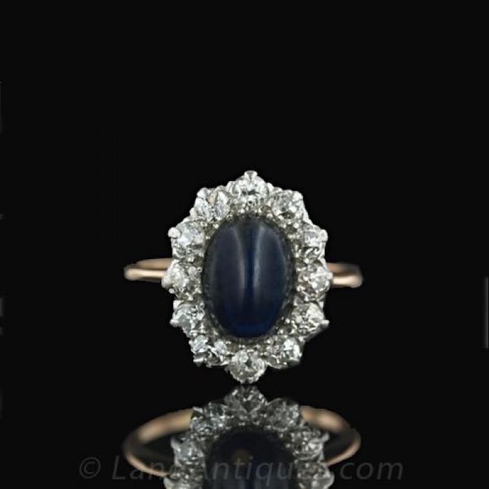 $5900 Diamond Halo Blue Sapphire Cabochon 14K Yellow Gold Vintage Ring Size  7.75 | eBay