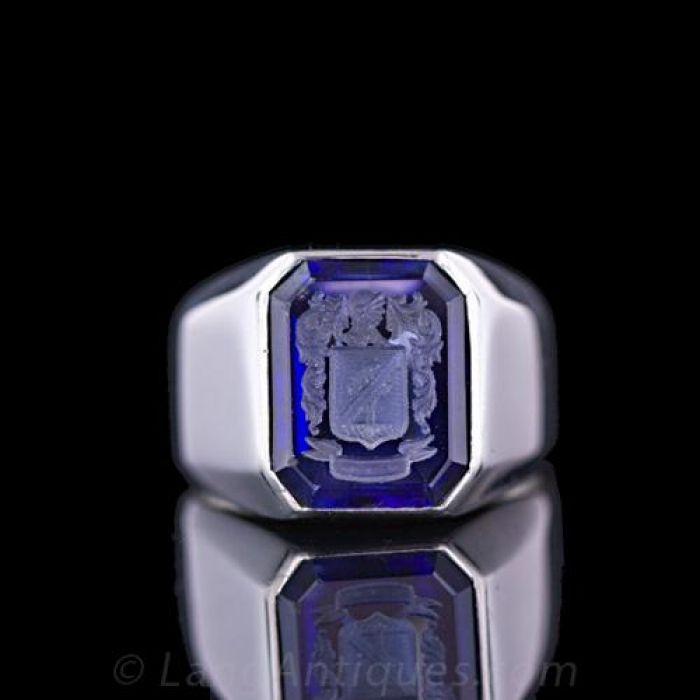 Carved Synthetic Sapphire Intaglio Signet Ring