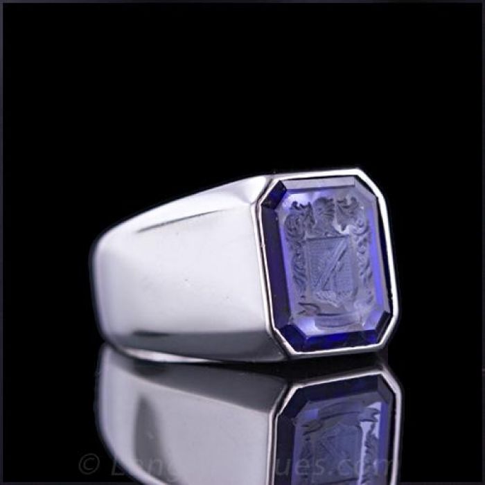 Carved Synthetic Sapphire Intaglio Signet Ring