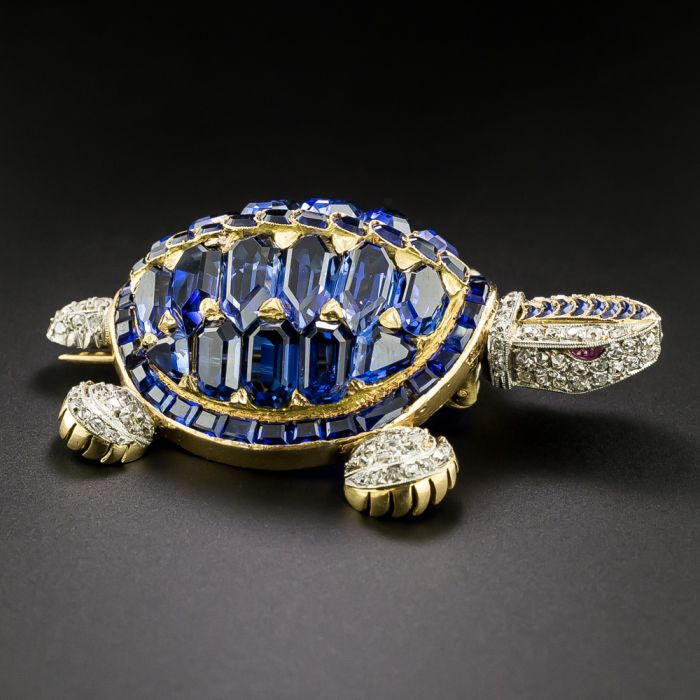 Diamond and Sapphire Turtle Brooch