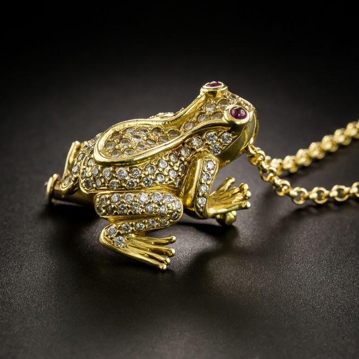 Lot 753: McTeigue Diamond Emerald Platinum 18K Gold Lily Pad Frog Necklace  | Case Auctions