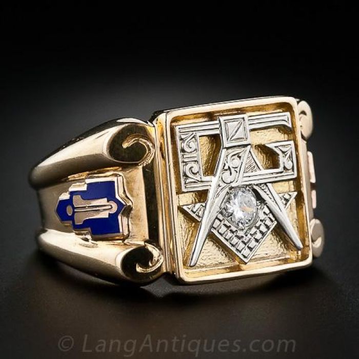 0.17ctw Diamond Masonic Ring 10k-14k Gold Blue Lodge Square Compass Signet  For Sale at 1stDibs