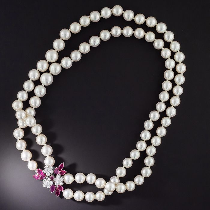 Vintage Cultured Pearl Double Strand Necklace with Ruby Diamond Sapphire  Clasp