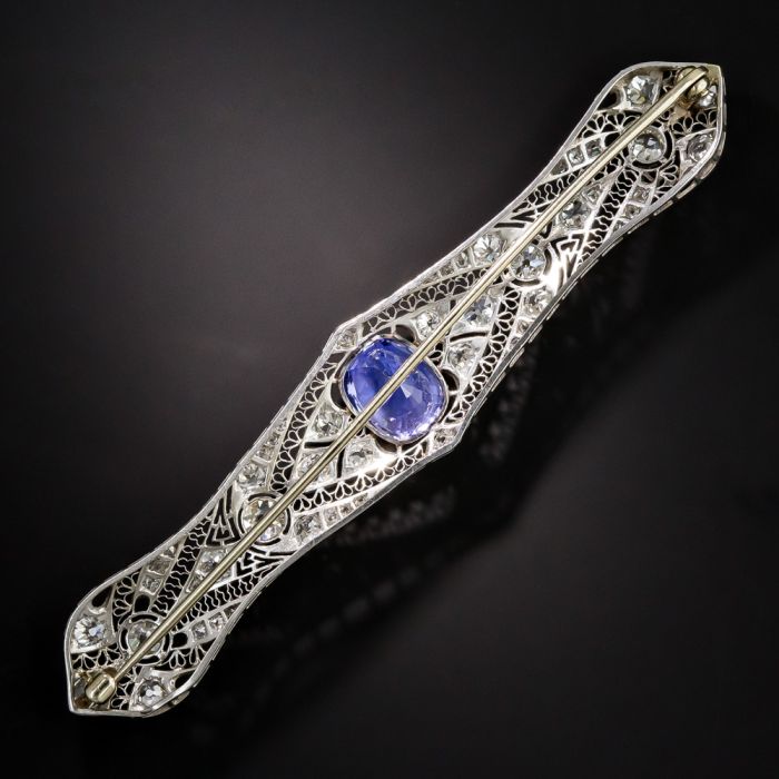 14 Karat Yellow Gold Brooch Pin Center Sapphire and Surrounding Diamonds