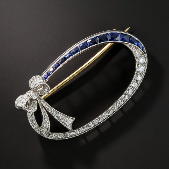 Art Deco Platinum, Sapphire & Diamond Bow Brooch (532H)