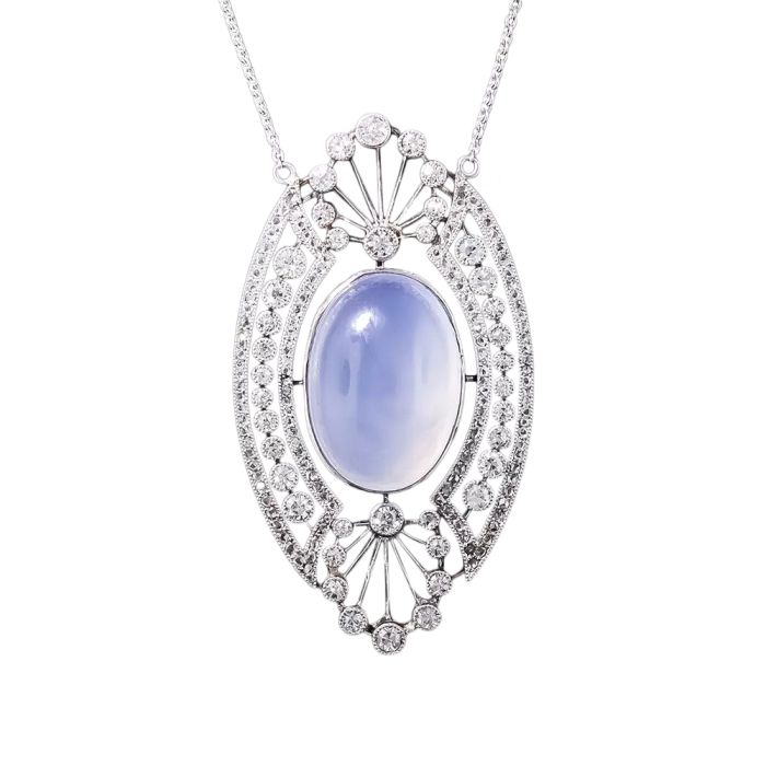 Blue Chalcedony Pendant Necklace, Sterling Silver with Oval Stone
