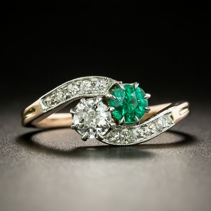 1920s Platinum and Diamond Toi Et Moi Ring (with Emeralds)