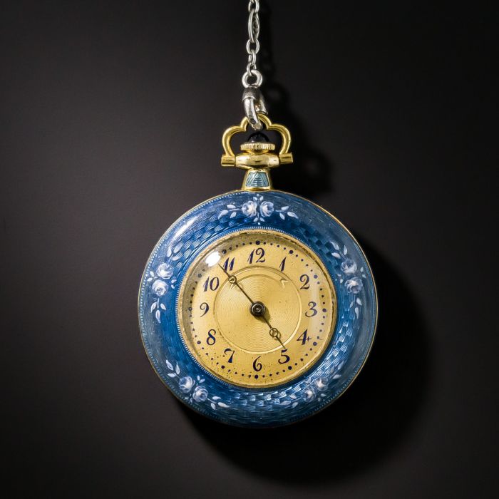 Edwardian Guilloche Enamel and Diamond Pendant Watch Necklace