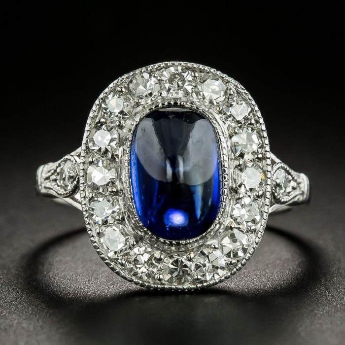 14ct Gold Cabochon Sapphire & Diamond Rub Over Set Ring (117P) | The  Antique Jewellery Company
