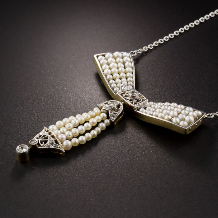 Edwardian Diamond and Pearl Bow Necklace