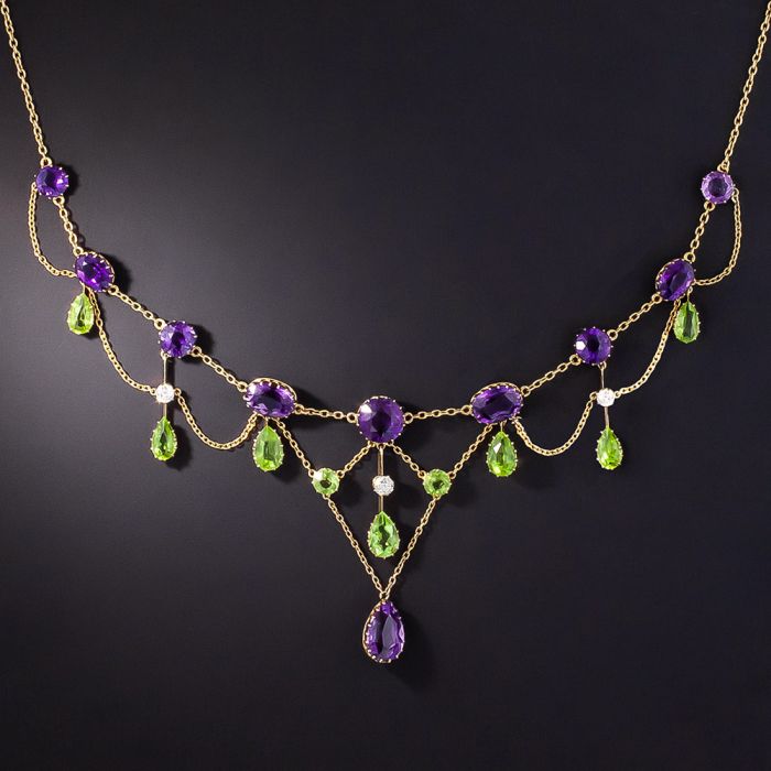 English Amethyst, Peridot and Diamond Swag Necklace