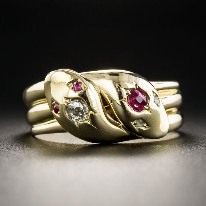English Victorian Ruby and Diamond Double Snake Ring