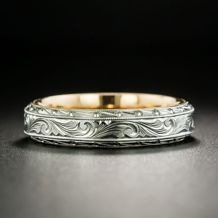 Engraved Platinum and 18K Wedding Band Size 10 1 2