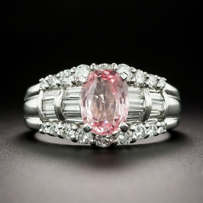 Estate 2.11 Carat Pink Sapphire and Baguette Diamond Ring - GIA