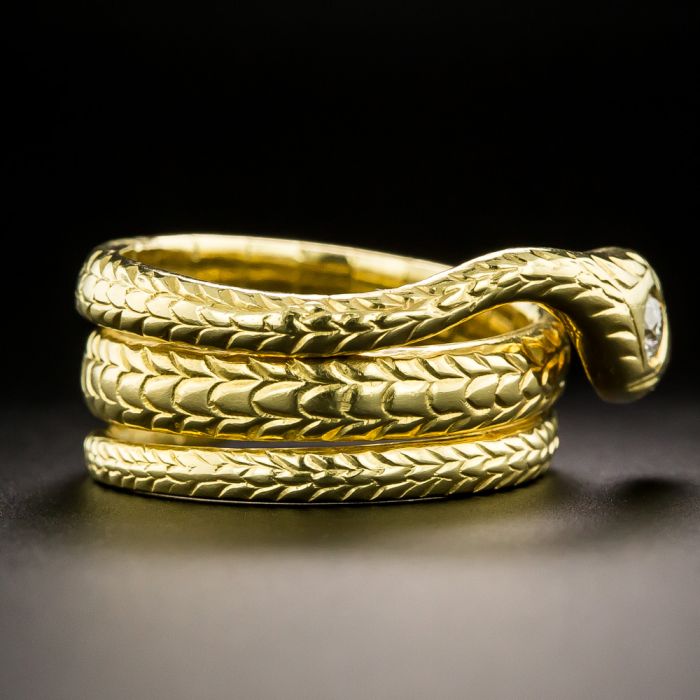 Emerald & Diamond Snake Ring in 14k Yellow Gold - Filigree Jewelers
