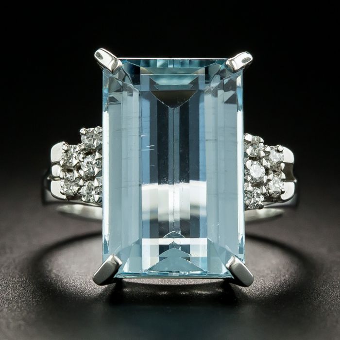 18ct White Gold Emerald Cut Aquamarine and Diamond Ring | J Farren-Price