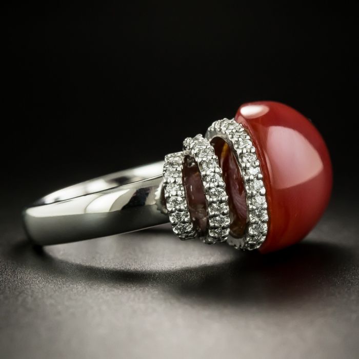 Estate Red Coral Cabochon and Diamond Ring