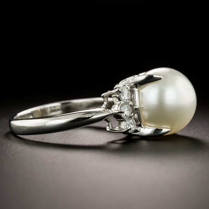 Art Deco Twin Natural Pearl and Diamond Bypass Dinner Ring - GIA