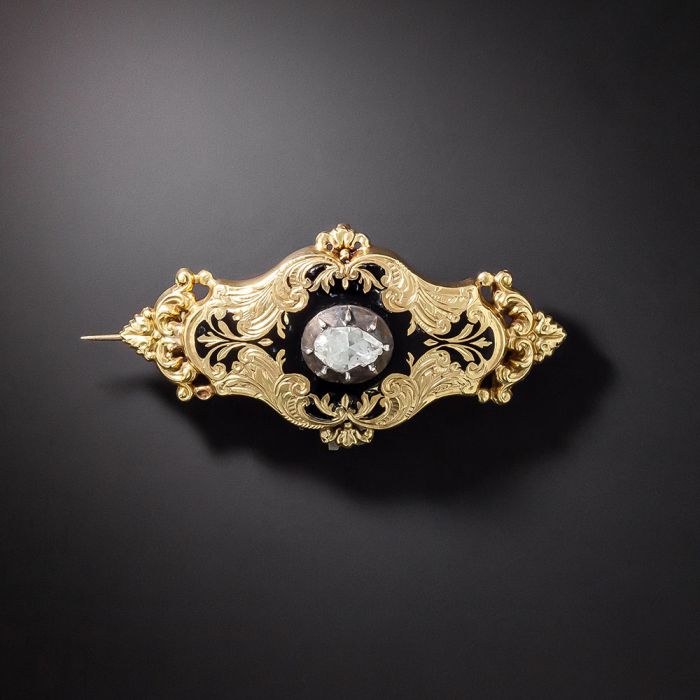 French Antique Diamond and Black Enamel Brooch