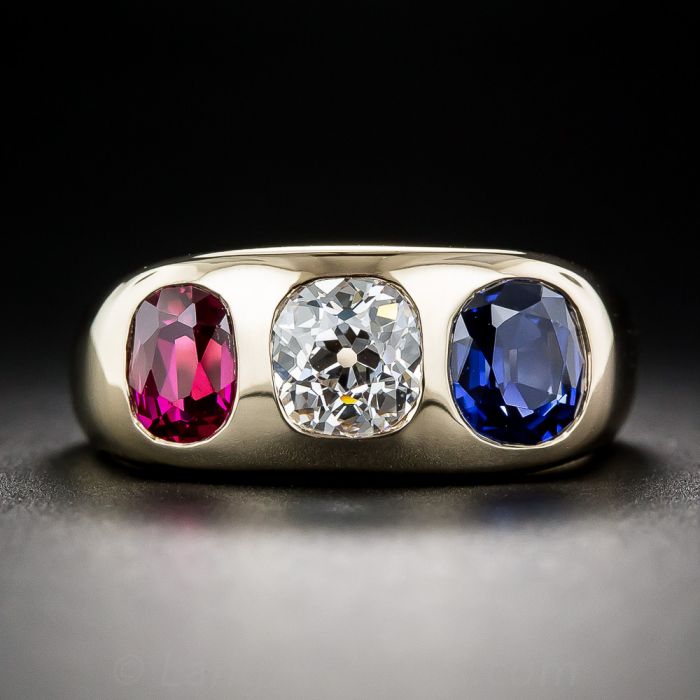 Gemmy Diamond, Sapphire and Ruby Three-Stone Ring