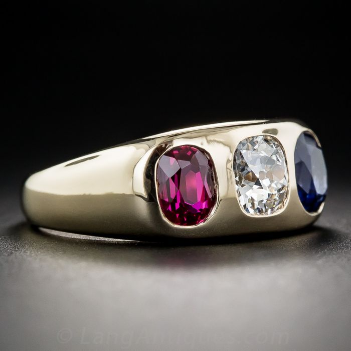 Gemmy Diamond, Sapphire and Ruby Three-Stone Ring