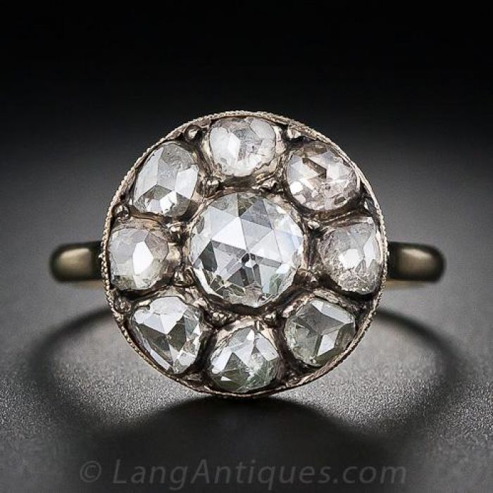 ANTIQUE GEORGIAN DIAMOND RING. Set with bright and lively old cut diamonds.  Size: N 1.6 gram. Lovely