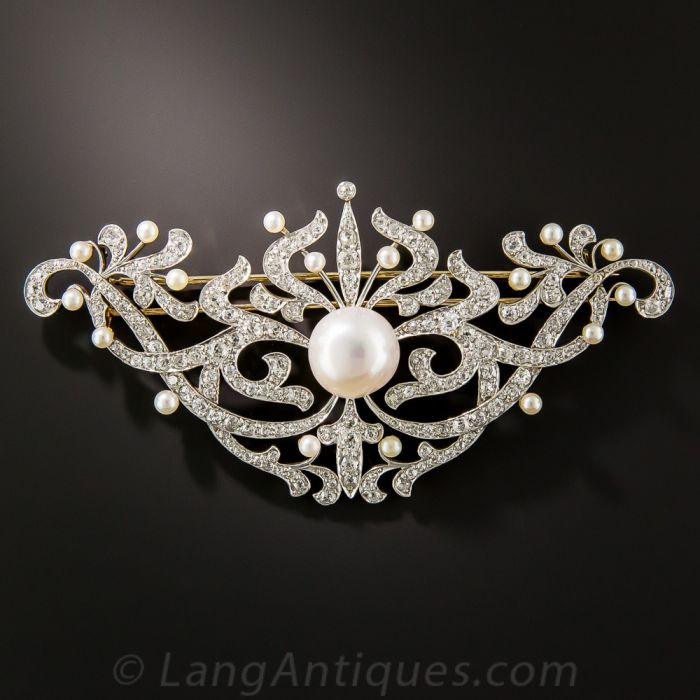 Antique Edwardian Diamond and Natural Pearl Bow Broo #505208 – Beladora