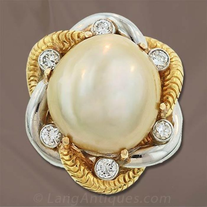 Antique Ruby and Split pearl ring, 18k yellow gold - Ruby Lane
