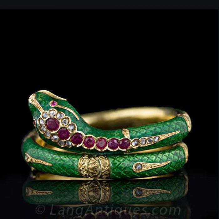 Green Enamel, Ruby and Diamond Serpent Bangle