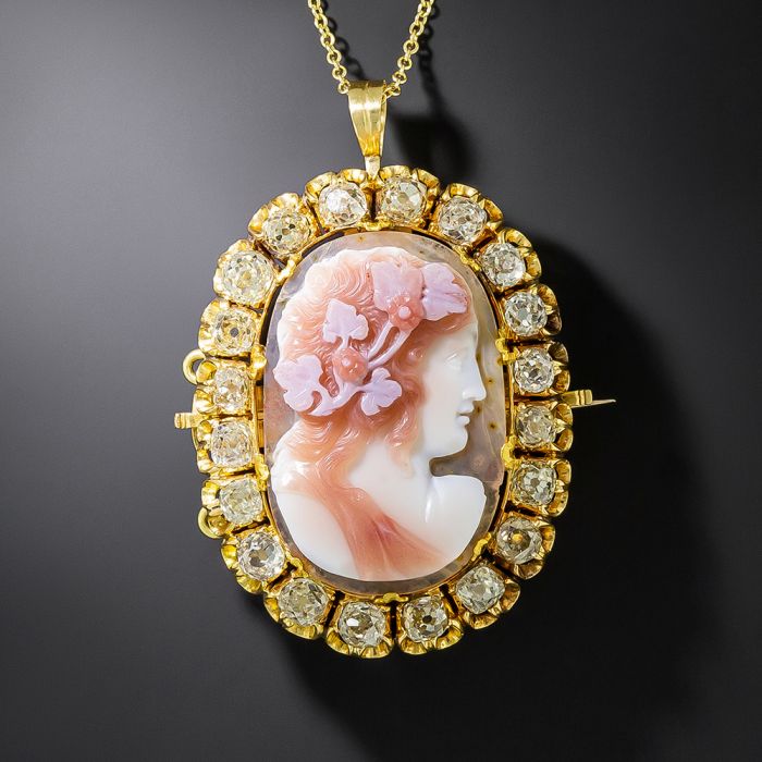 Genuine Cameo with Authentic Diamond Accent on 14K Gold Chain