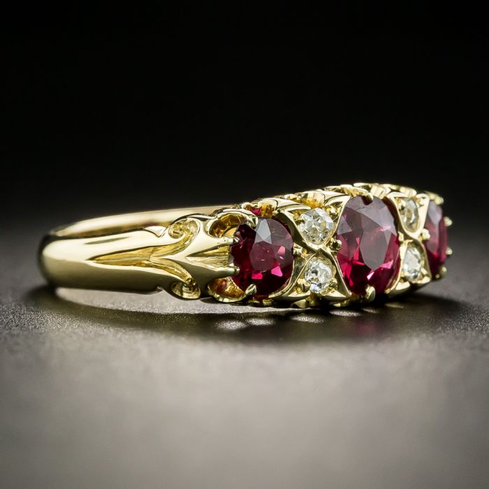 Three stone ruby and sales diamond ring