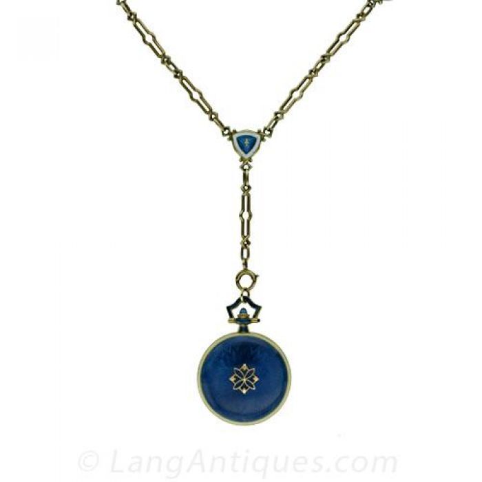 Longines Guilloche Enamel Pendant Watch and Chain