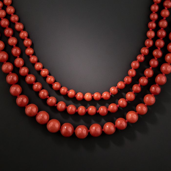 Mid-20th Century Triple-Strand Red Coral Necklace