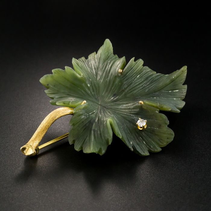 Mid-Century Nephrite Jade Leaf Earring and Brooch Set