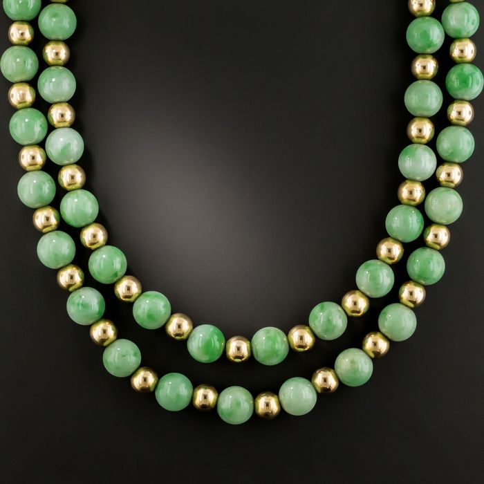 Green Jade Jadeite Beaded Single Strand Necklace 14K Yellow Gold Clasp -  Ruby Lane